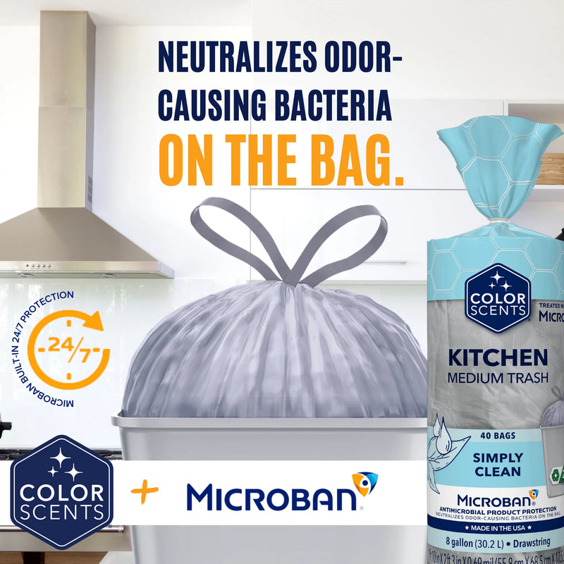 Color Scents with Microban® 8-Gallon Drawstring Trash Bags, Simply Clean Scent, 40 Bags