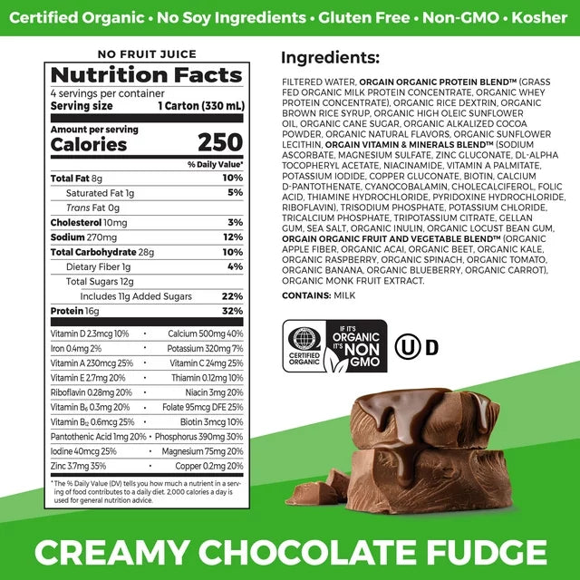 Orgain Organic Nutrition Shake, Grass Fed Protein, Creamy Chocolate Fudge 11oz, 4ct