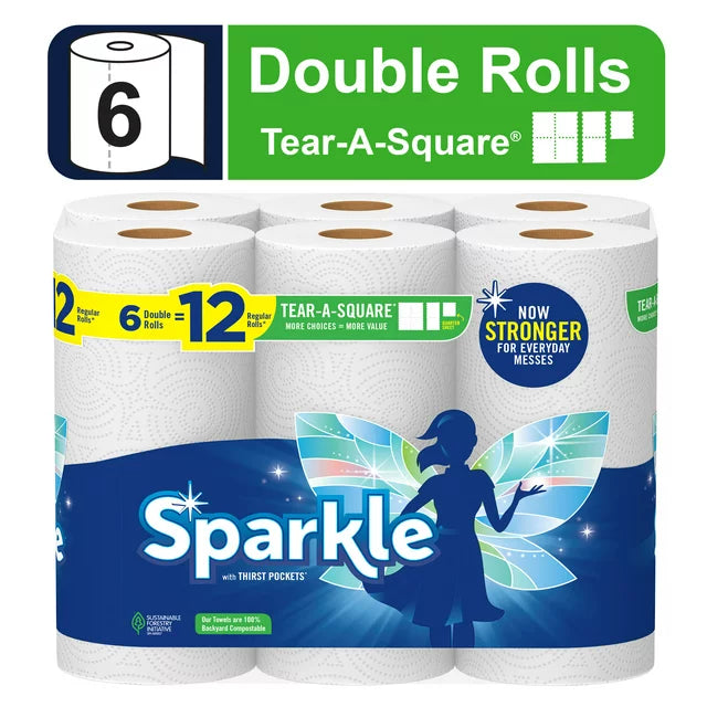 Sparkle Tear-a-Square Paper Towels, White, 6 Double Rolls