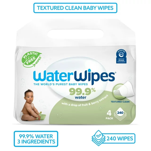 WaterWipes Plastic-Free Textured Clean, Toddler & Baby Wipes, 99.9% Water Based Wipes, Fragrance-Free, 240 Count (4 Packs)