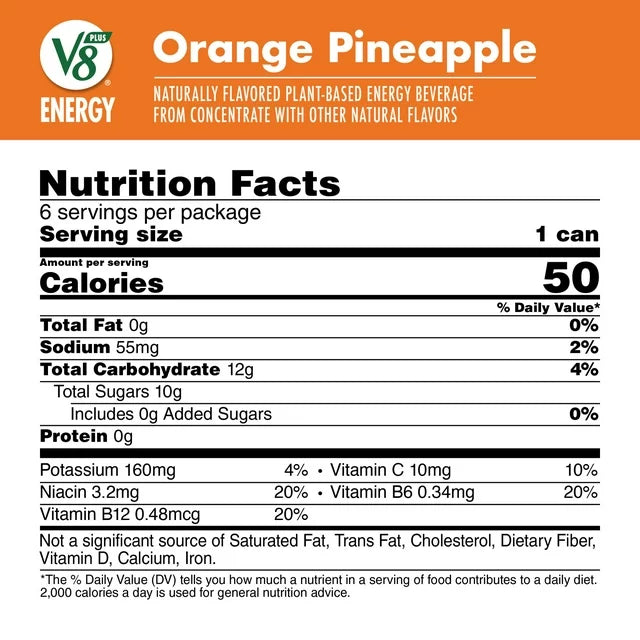 V8 +ENERGY Orange Pineapple Energy Drink, 8 FL oz Can (Pack of 6)